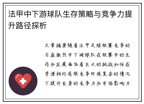法甲中下游球队生存策略与竞争力提升路径探析
